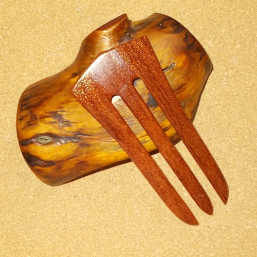 Bubinga 3 prong hair fork by Jeter and sold in the UK by Longhaired Jewels